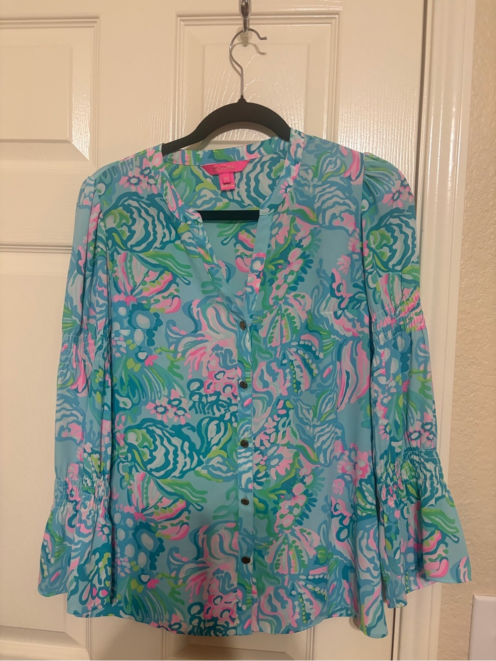 Lilly Pulitzer Turquoise Floral Button-Front Blouse with Pink & Green Accents